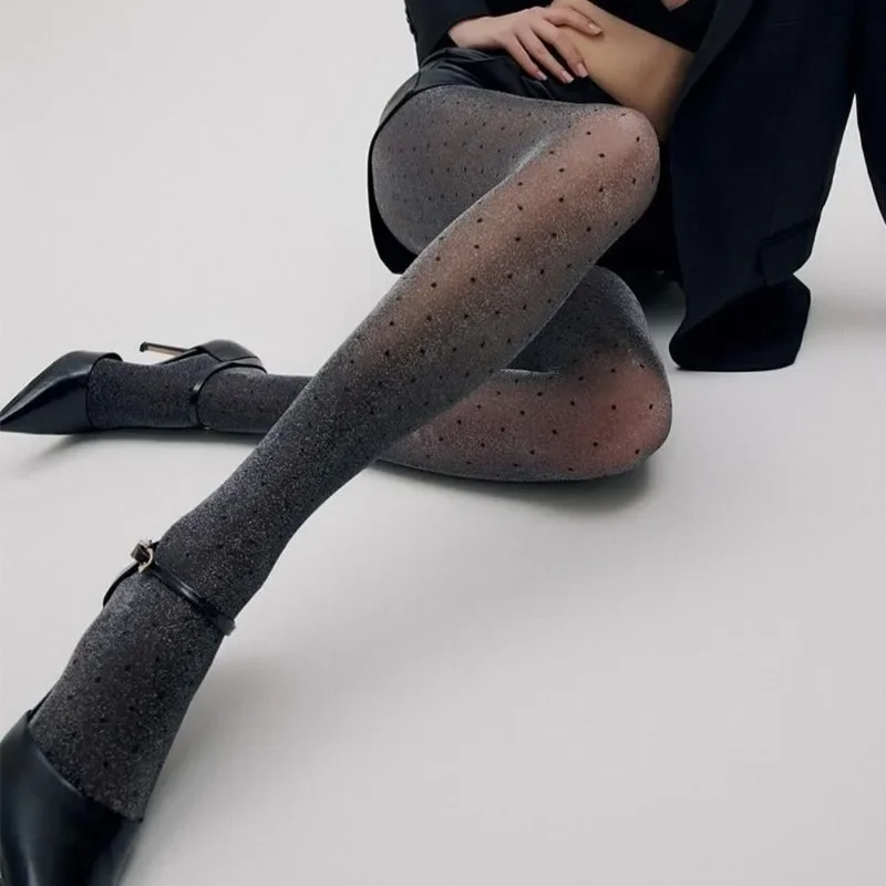Schwarze glänzende Strumpfhosen Damen Frühling Silber glänzende Polka Dot Leggings Y2k Sexy Strumpfhosen Lady Slim Strumpfhosen Damenkleidung