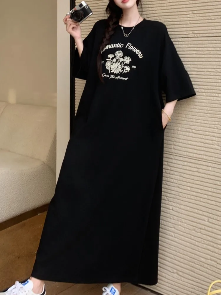 Mozigda Summer Loose Print T Shirt Dress Donna Elegante Vintage Nero Coreano Abito da donna Abiti