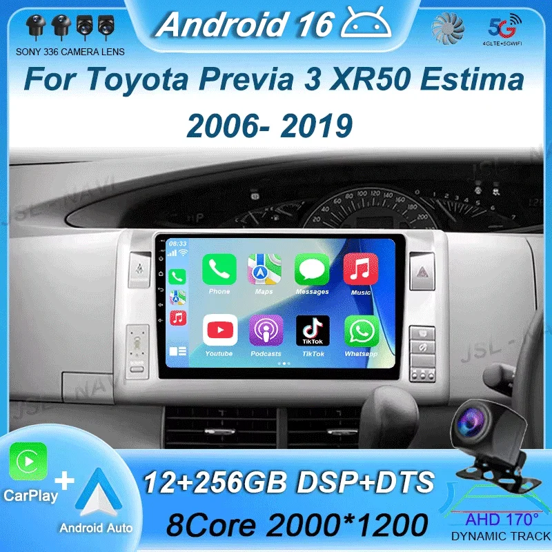 Android 16 Auto CarPlay Car Radio For Toyota Previa 3 XR50 Estima 2006-2019 GPS Video Multimedia Player Stereo WIFI+4G Head Unit