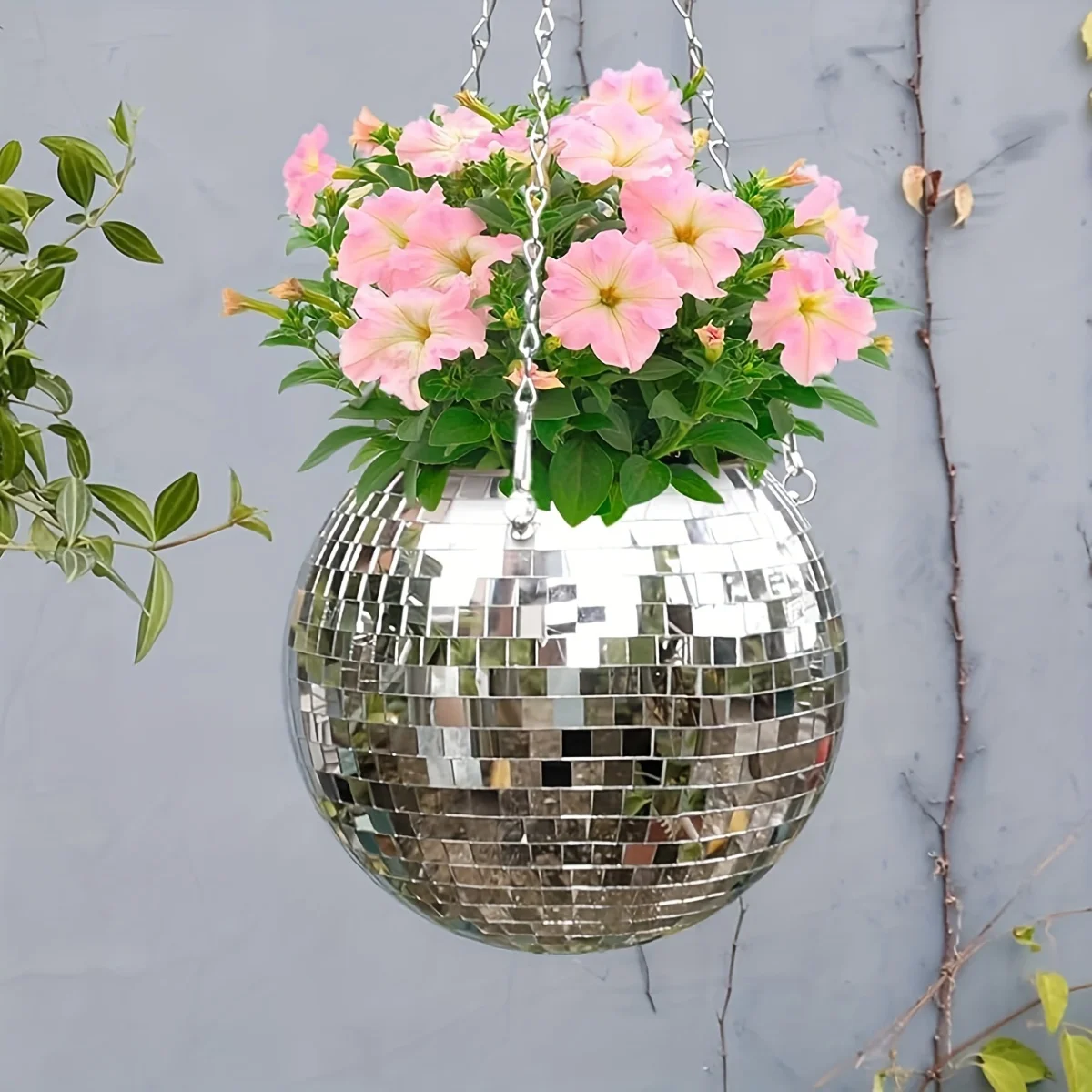 Disco-Spiegelkugel Hängender Blumentopf Sukkulenten-Pflanzgefäß für Innen- und Gartenbereich Wanddekoration Vase mit Holzring-Kette – Detail 11