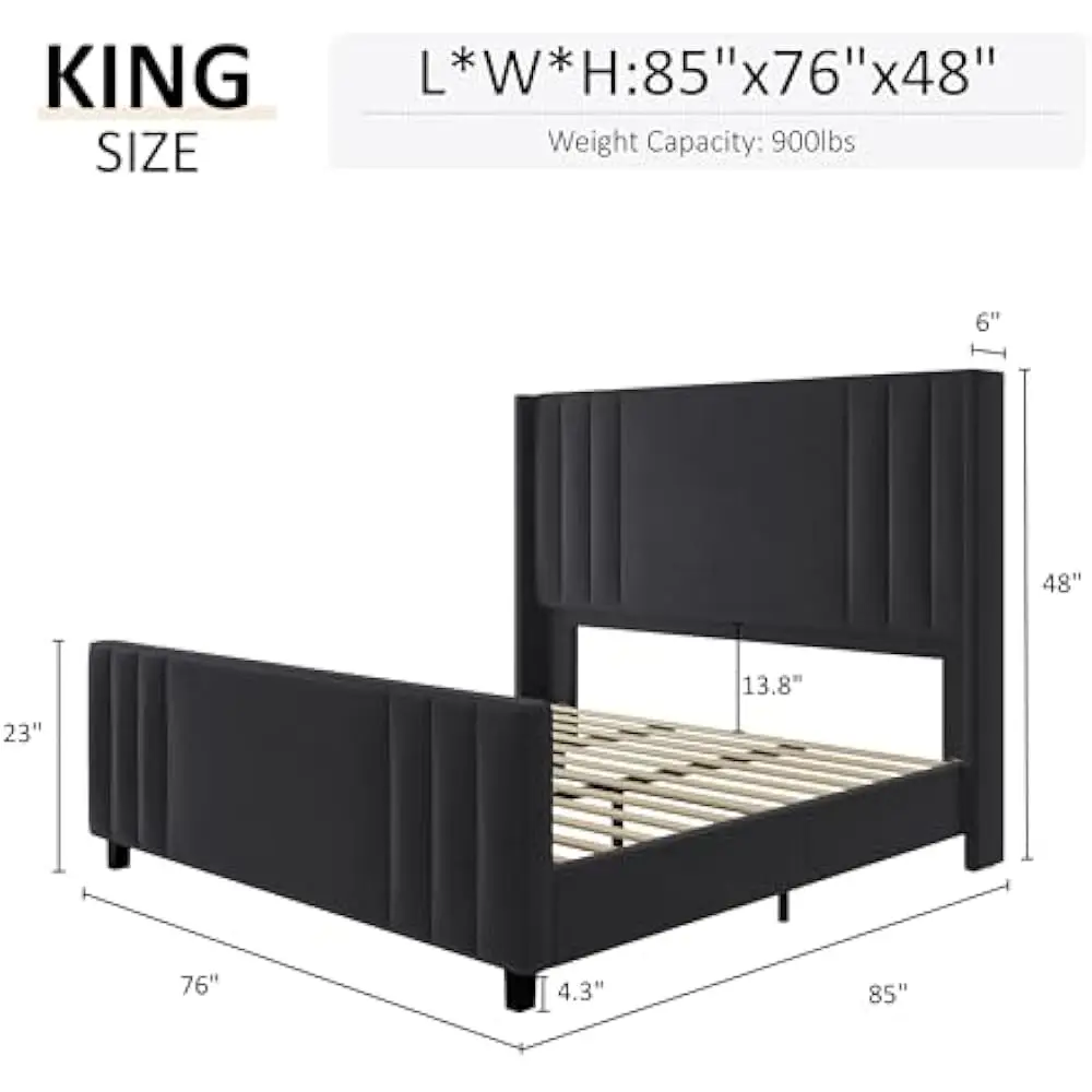 Velvet Upholstered Platform Bed with Vertical Channel Tufted Headboard & Footboard/Wingback, Mattress Foundation with Wood Slats