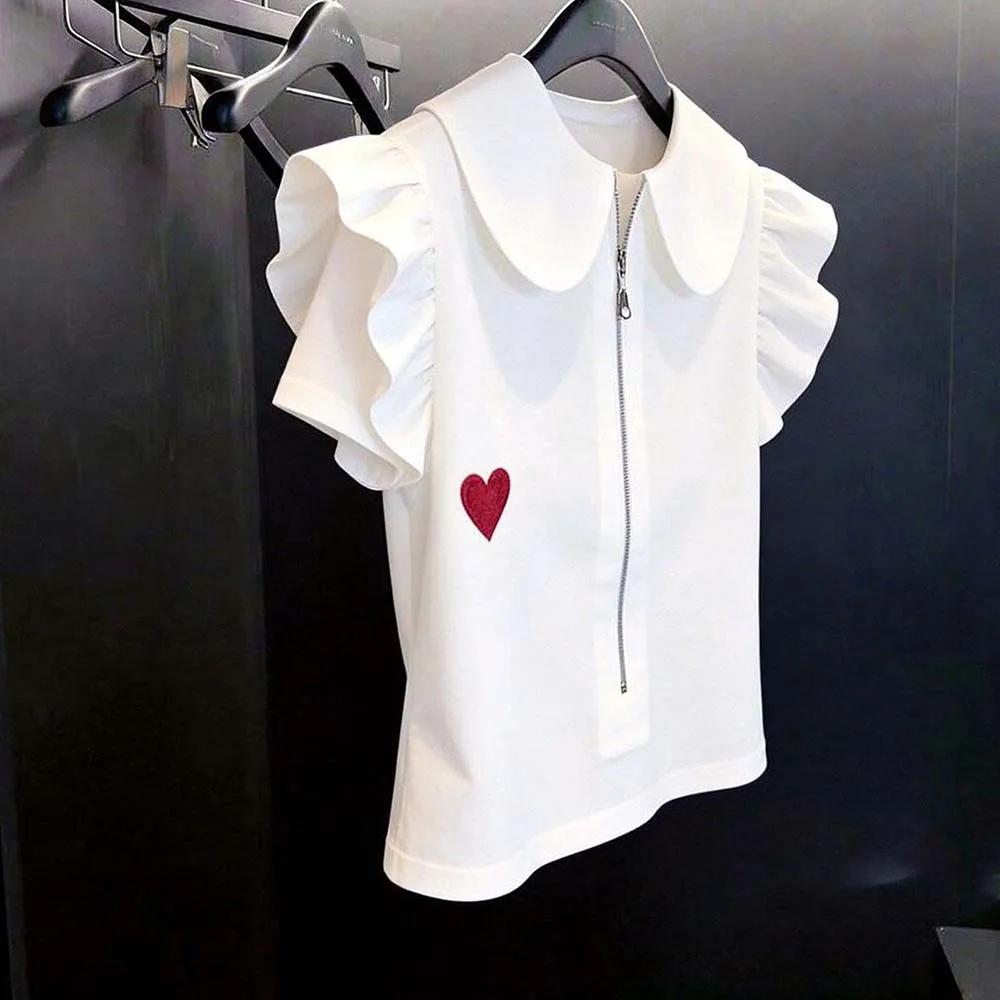 2026 summer Korean lace short-sleeved shirt half zipper lapel collar foreign style love embroidery thin versatile T-shirt women