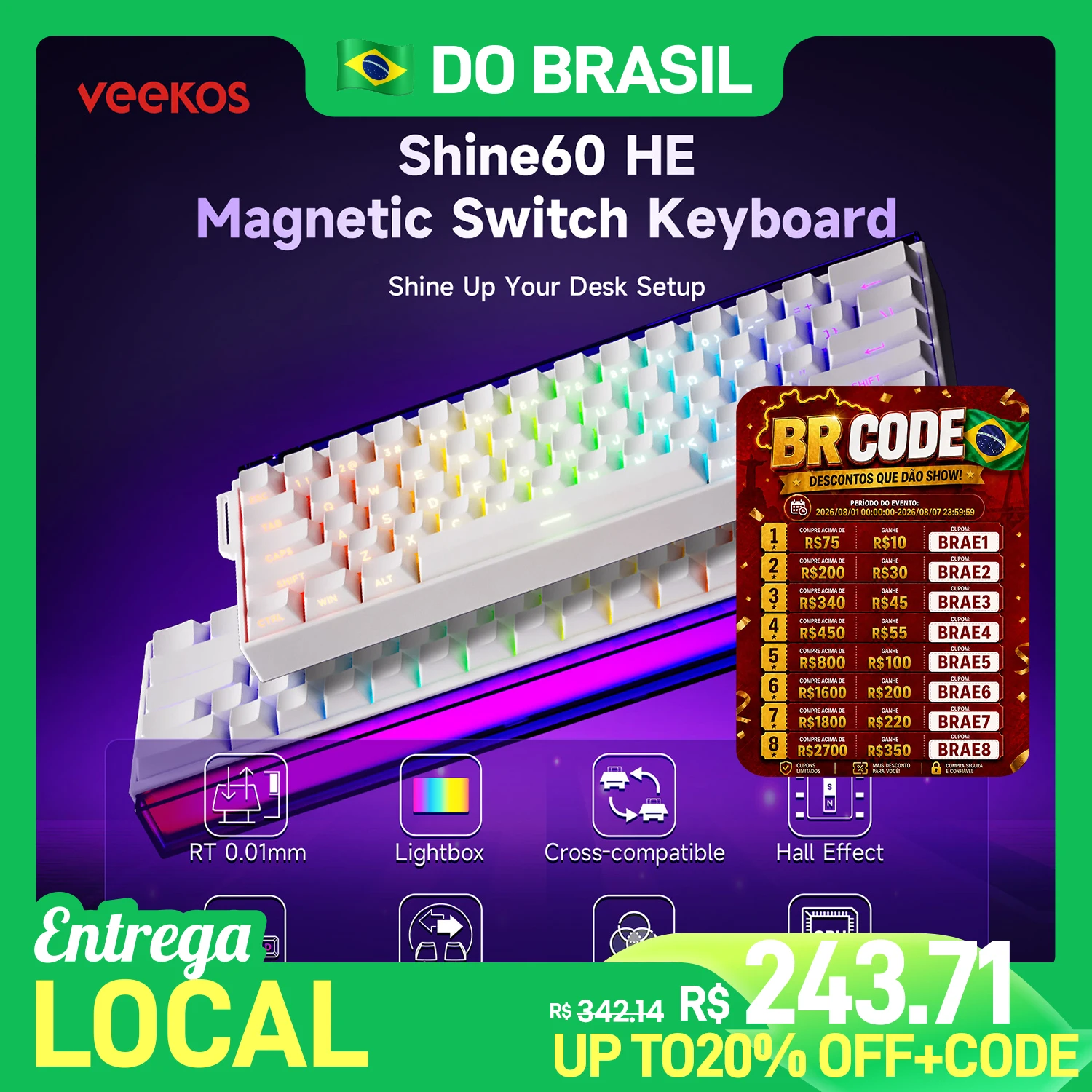 Veekos Shine60 HE Teclado com interruptor magnético 60% AGRB com fio com caixa de luz Gatilho rápido 0,01 mm 8K USB Tipo-C Teclado para jogos com fio