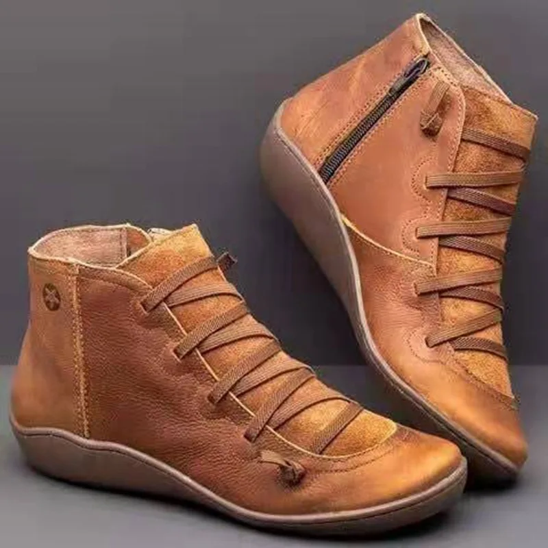 Buty damskie zimowe z prawdziwej skóry kostki wiosna płaskie buty damskie krótkie buty z futerkiem Vintage 2023 dla kobiet sznurowane buty