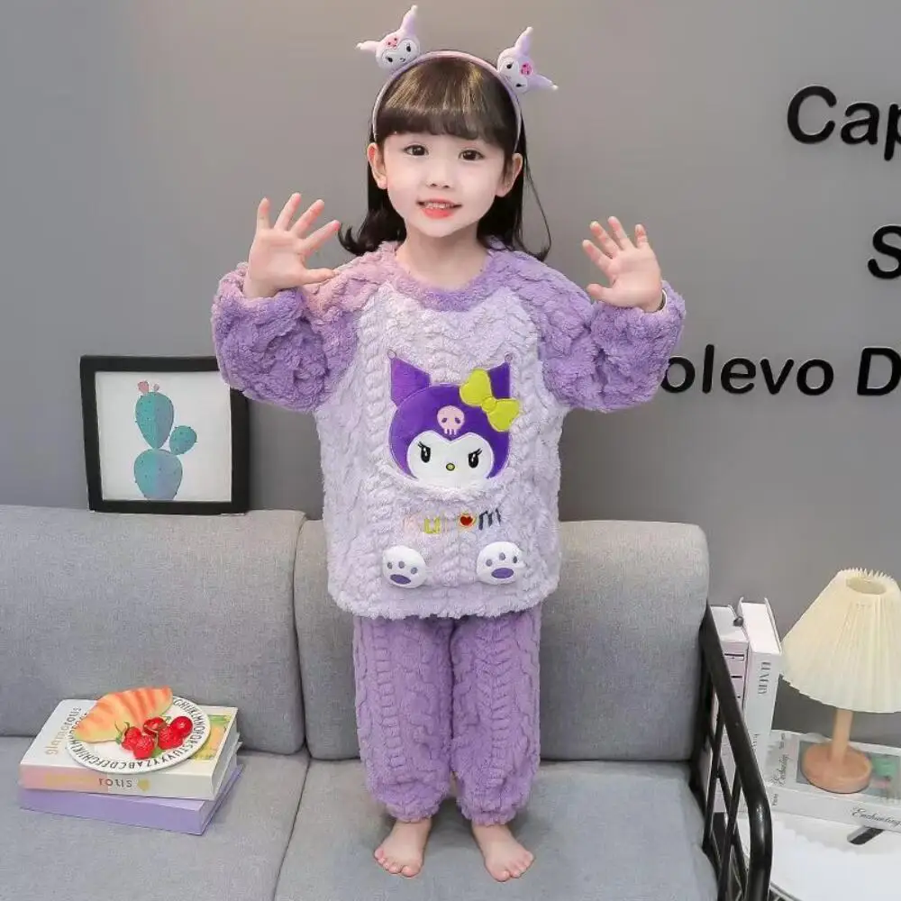 

Sanrio Kuromi New Kids Pajamas Autumn Winter Coral Velvet Thickened Small Children's Cute Cartoon Flannel Warm Home Clothing Set