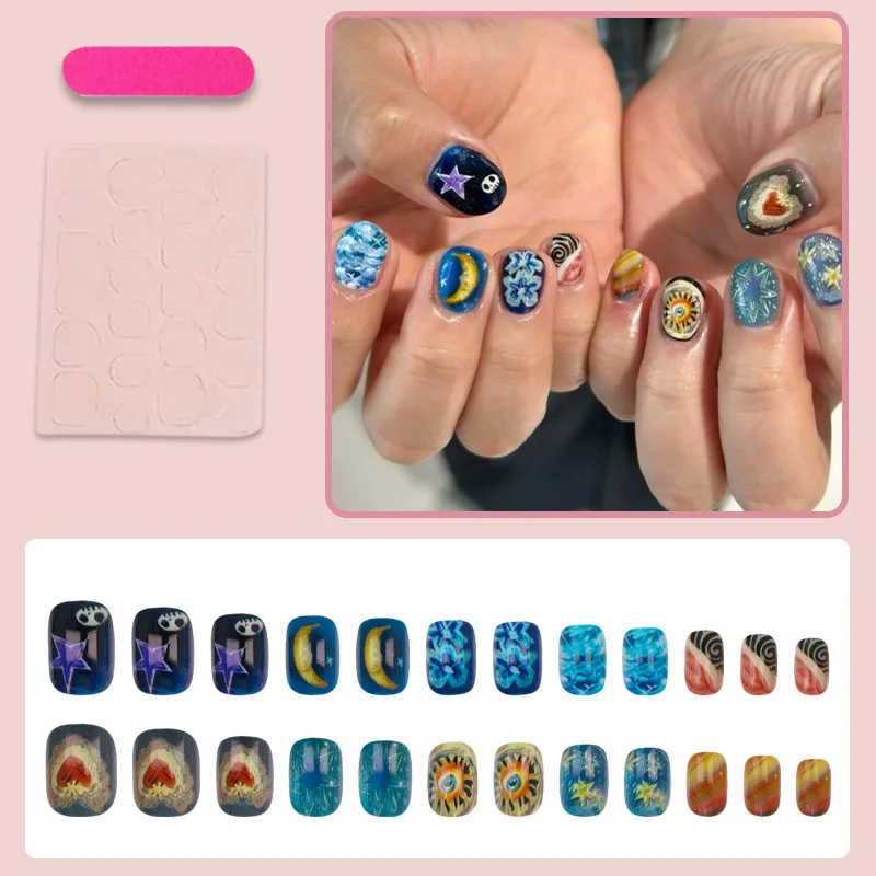 24Pcs Fake Nails Doudou Nails Starry Night Fantasy Mix & Match Creative Press-On Nails for Men—Perfect As A Gift for Friends