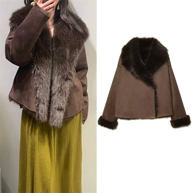 Guobioziy Women's Jacket 2026 Autumn/Winter New Arrival Brown Long-Sleeve Double-Sided Warm Jacket Elegant and High-End Style