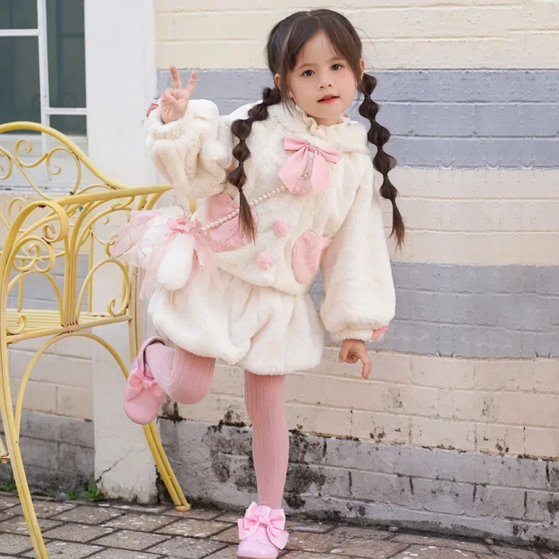 2 Pcs Plush Rabbit Lolita Floral New Toddler Girl Dresses Baby Dress Kids Girls Soft Cotton Princess Clothes Autumn and Winter