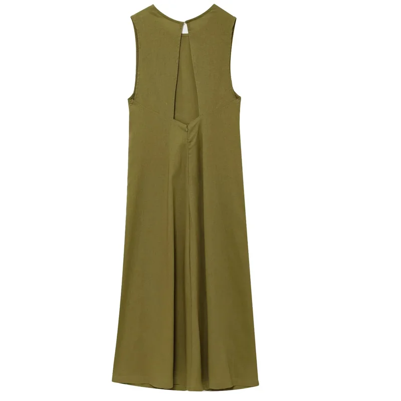 HXAO Abiti lunghi verdi 2025 Donna senza maniche Abito estivo in lino Cut-Out Backelss Abito longuette Abiti eleganti da donna 088