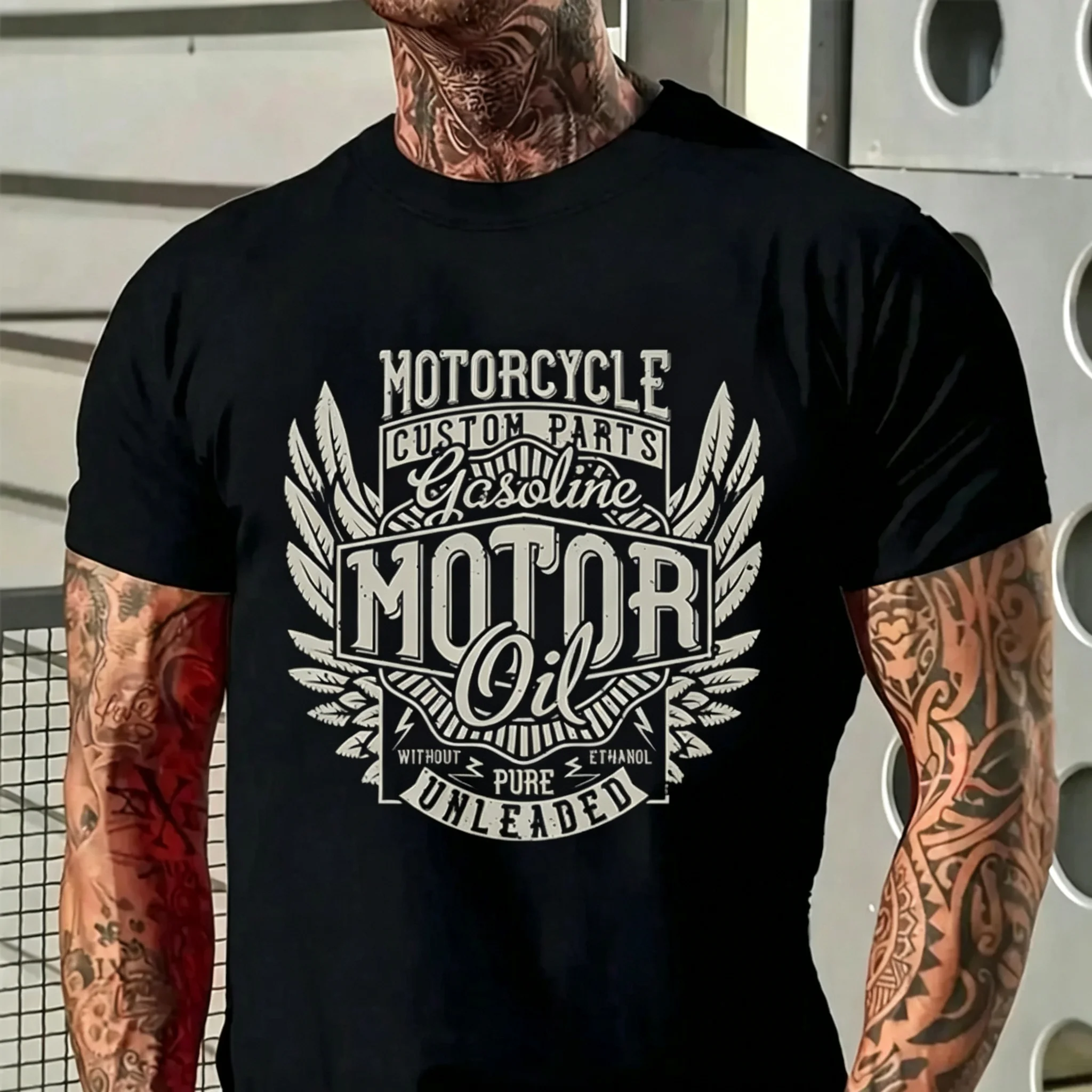 2026 New Family Matching Unisex Oversized T-Shirt Vintage Distressed Motorcycle Motor Oil Wings Custom Parts Chest Print Tops