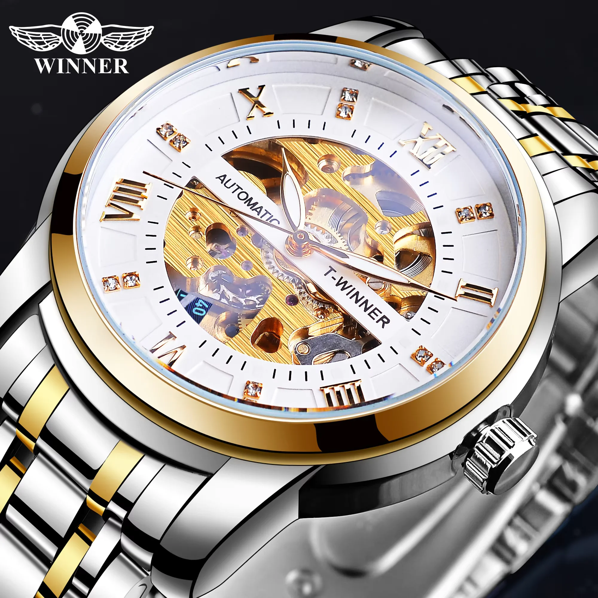 

Winner Top Luxury Waterproof Mens Skeleton Automatic Mechanical Watches Business Fashion Rhinestone Luminous Men's Wrist Watches