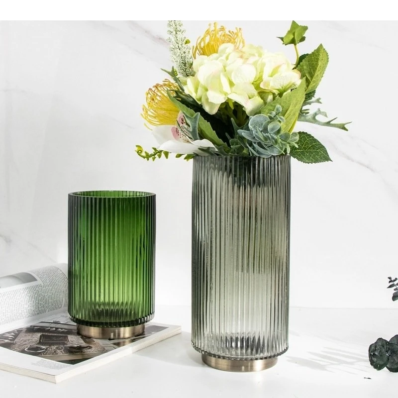 Copper Border Green Glass Vase Hydroponics Flower Pots Decorative Arrangement Desk Decoration Floral Vases Modern Decor
