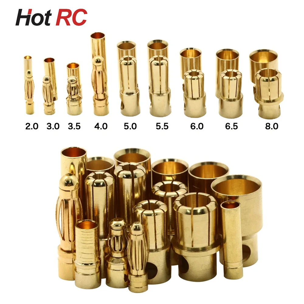 

10Pairs/lot 2.0/3.0/3.5/4.0/5/5.5/6/6.5/8mm Gold Bullet Banana Connectors Plug For Lipo Battery RC ESC Motor DIY Accessories Toy