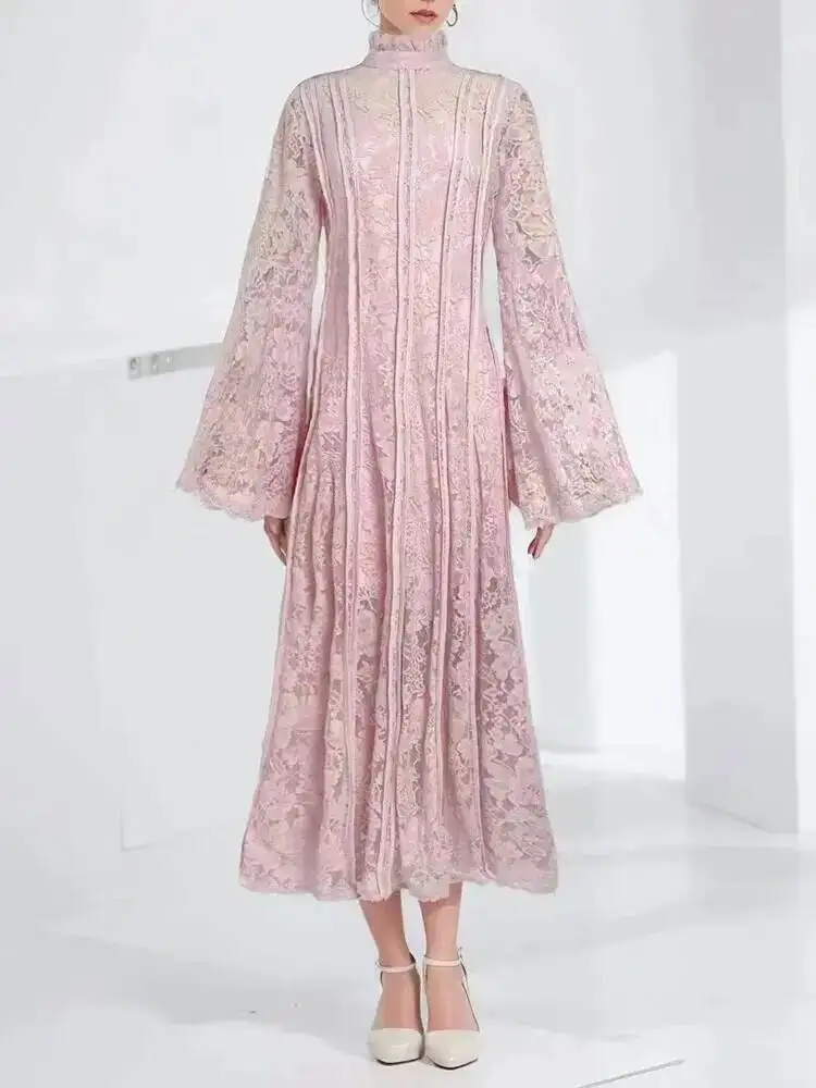

Patchwork Lace Slimming Dresses For Women Stand Collar Flare Sleeve High Waist Solid Elegant Dress Female Fashion Dresses U84T