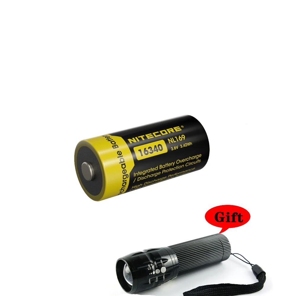 NITECORE NL169 16340 High Performance Li-ion Rechargeable Battery 950mAh Battery 3.6V (3.42Wh) cell with Free Flashlight