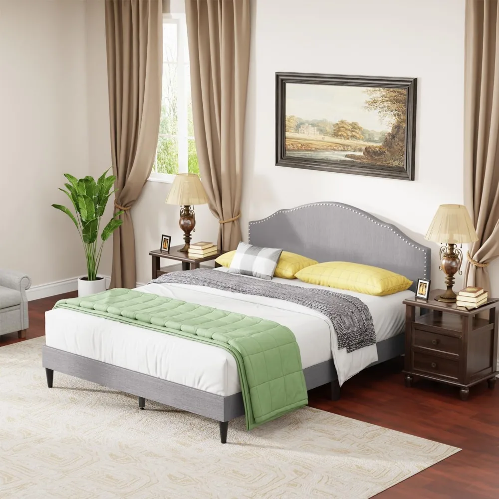 

Queen Size Fabric Headboard Platform Bed Frame with Wooden Slats, No Box Spring Needed