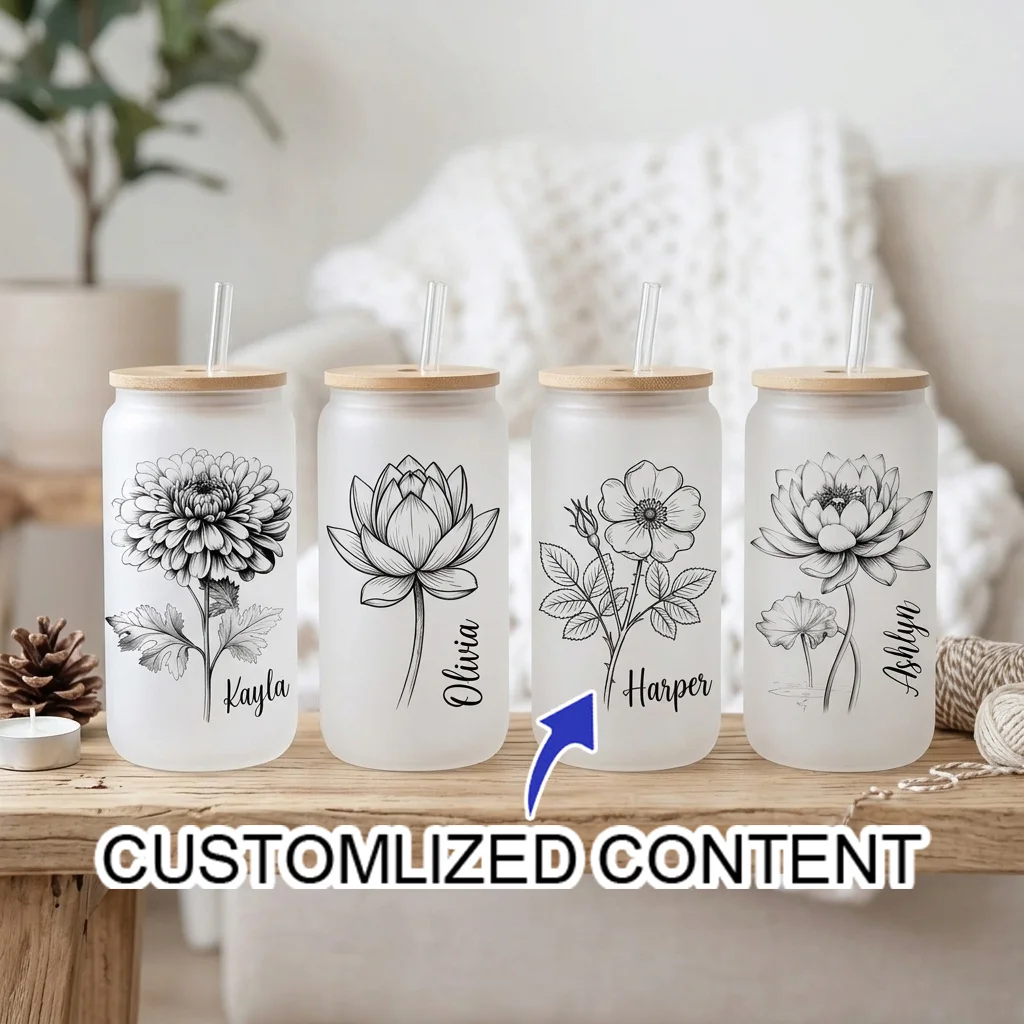 Birth Flower Frosted Glass Can Cup Custom Name 16oz Iced Coffee Tumbler with Bamboo Lid & Glass Straw, Birthday Gift for Women