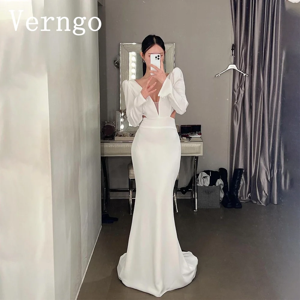 

Verngo White Crepe Wedding Dress 2024 Women V Neck Full Sleeves Bride Dress Korea Mermaid Floor Length Bridal Gowns