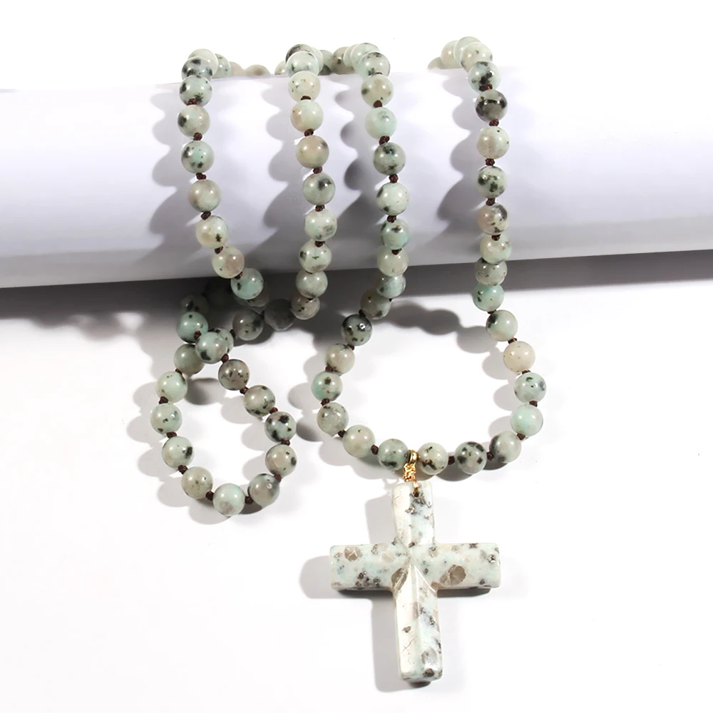 RH New Fashion Bohemian 8mm Kiwi Jasper Green Spot Stone Knotted Necklace Cross Pendant Necklace Sweater Chain