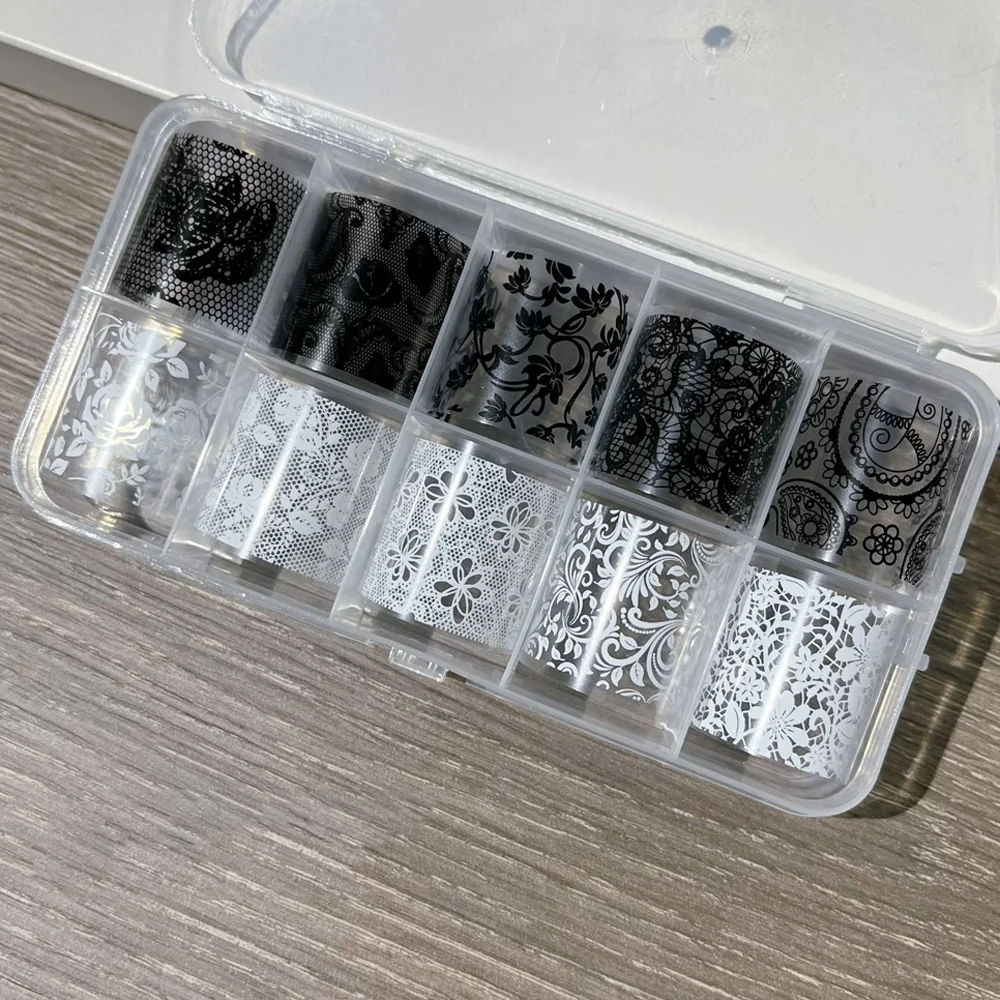 10 لفات النمط الياباني الأبيض الدانتيل مسمار نقل احباط ملصق الأزهار مخرمة الدانتيل نقل الأظافر احباط الشارات المياه الرخام مانيكير