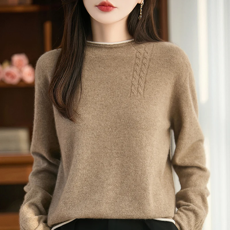 New Women's Knitted 100% Merino Wool O-neck Sweater Comfortable and Versatile Autumn and Winter Women's Full Sleeves pullover