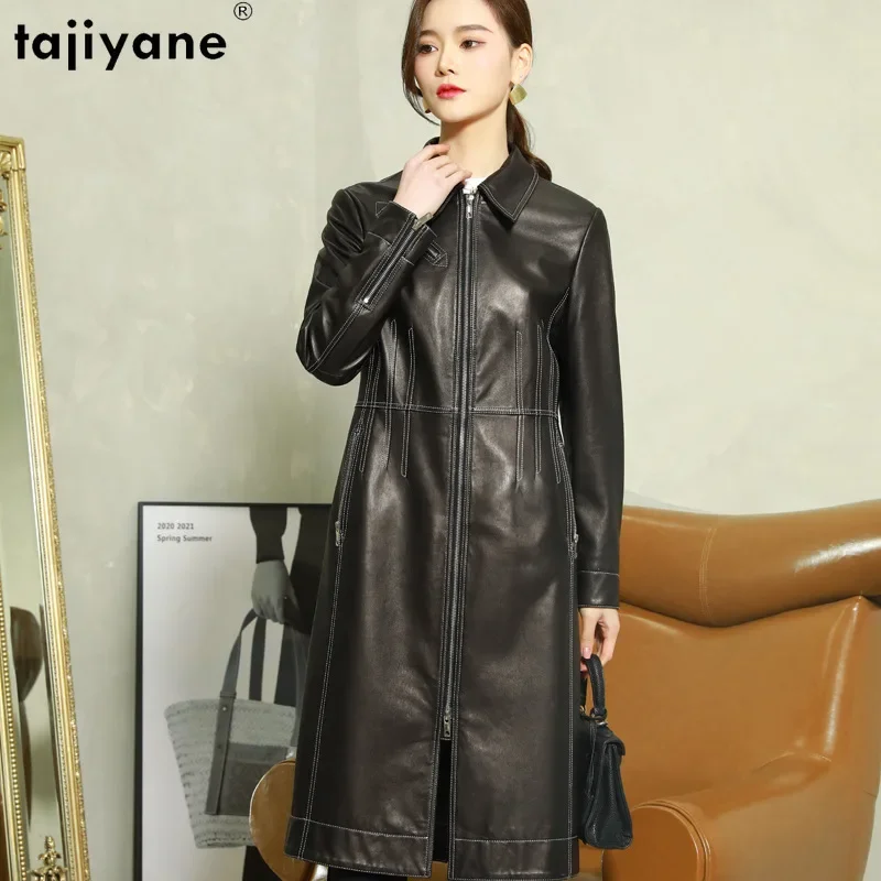 Tajiyane 100 % echte Schaffell-Lederjacke für Damen, 23, mittellanger, lässiger Echtledermantel, modische Lederjacken, Windjacke