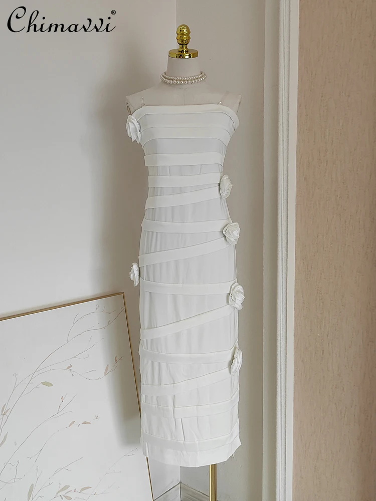 

French Sexy Socialite Bandage Dress 3D Flower Sleeveless Strapless High Waist Slim Fit Split White Long Evening Dresses Women