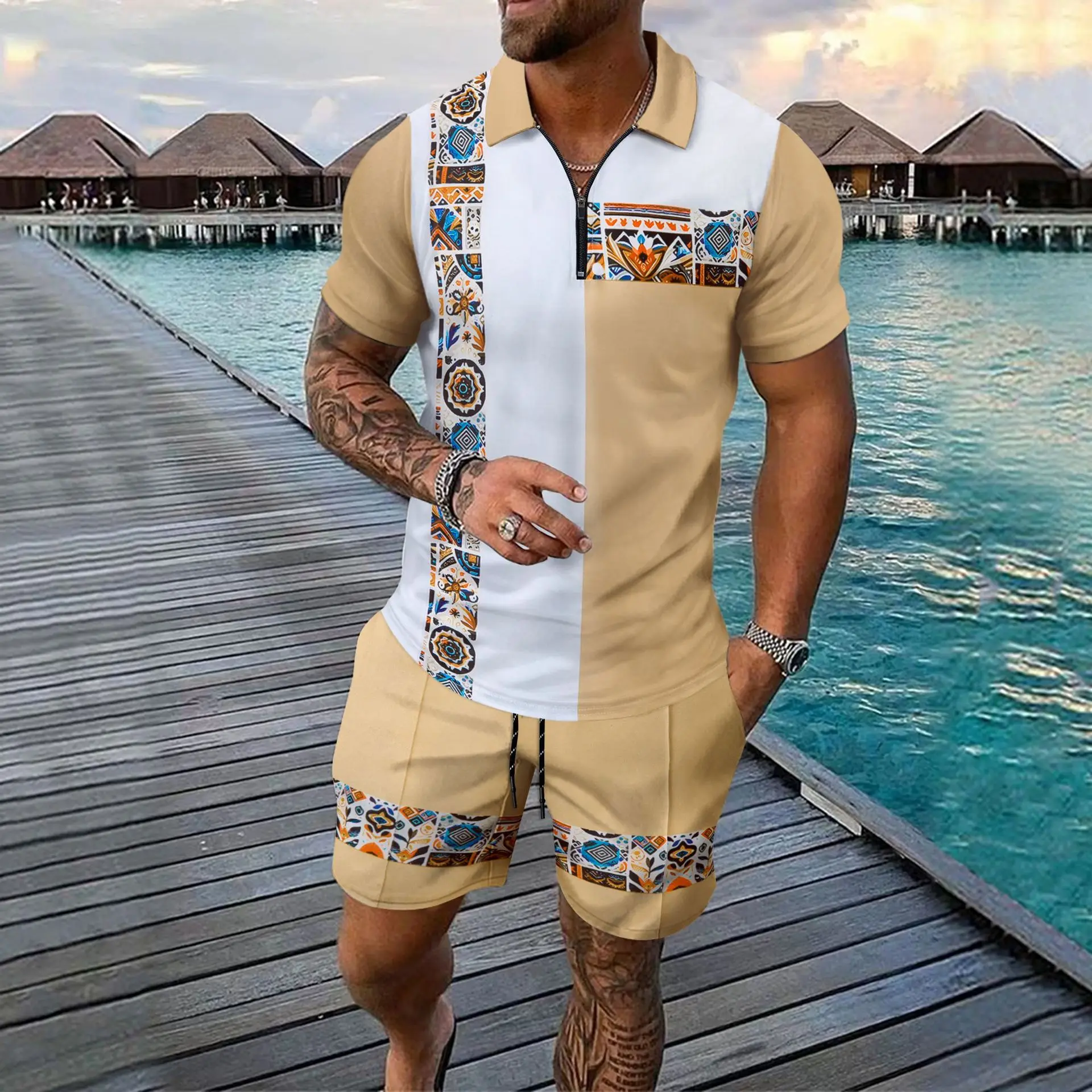 

New summer men's soft, comfortable, breathable polo shirt with half-open collar and drawstring shorts for casual sports outfit