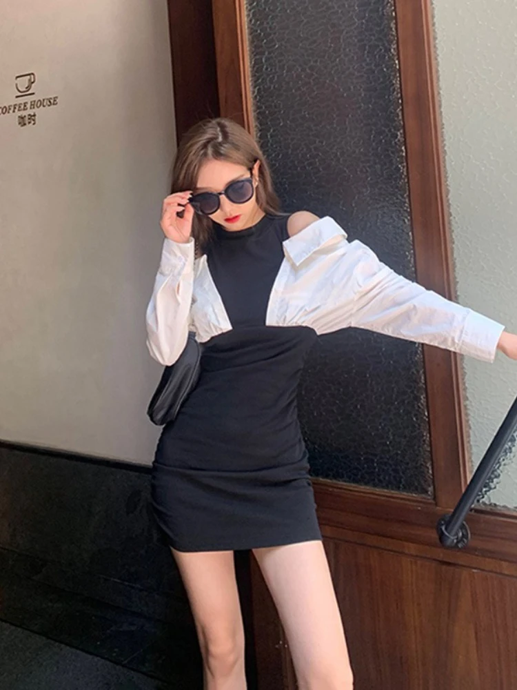 Franse nep tweedelige jurk zwart wit ronde hals off-shoulder bodycon mini-jurk zoet pittig sexy afslankende taille tienerstijl