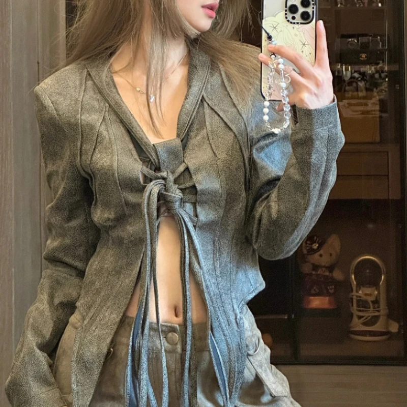 V-neck Lace-up Pleated Gray Irregular Long-sleeved Shirt Women 2024 Spring New Streetwear Sexy Slim Distressed Leather Tops