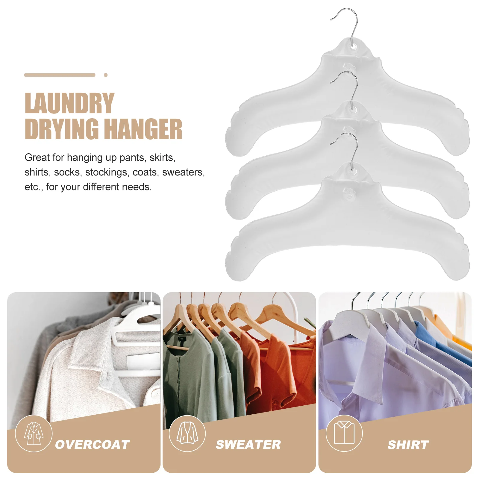 3 Pcs Coat Hanger Inflatable Shirt Hangers Clothes Rack Plastic Pendant Drying for Closet White Travel Organizer