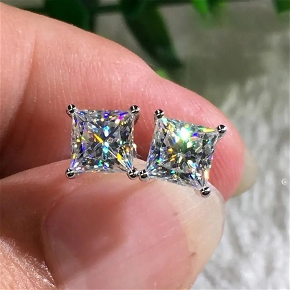 

New Wedding Engagement Jewelry Gifts White Diamond Stud Square Shiny Zircon Earrings