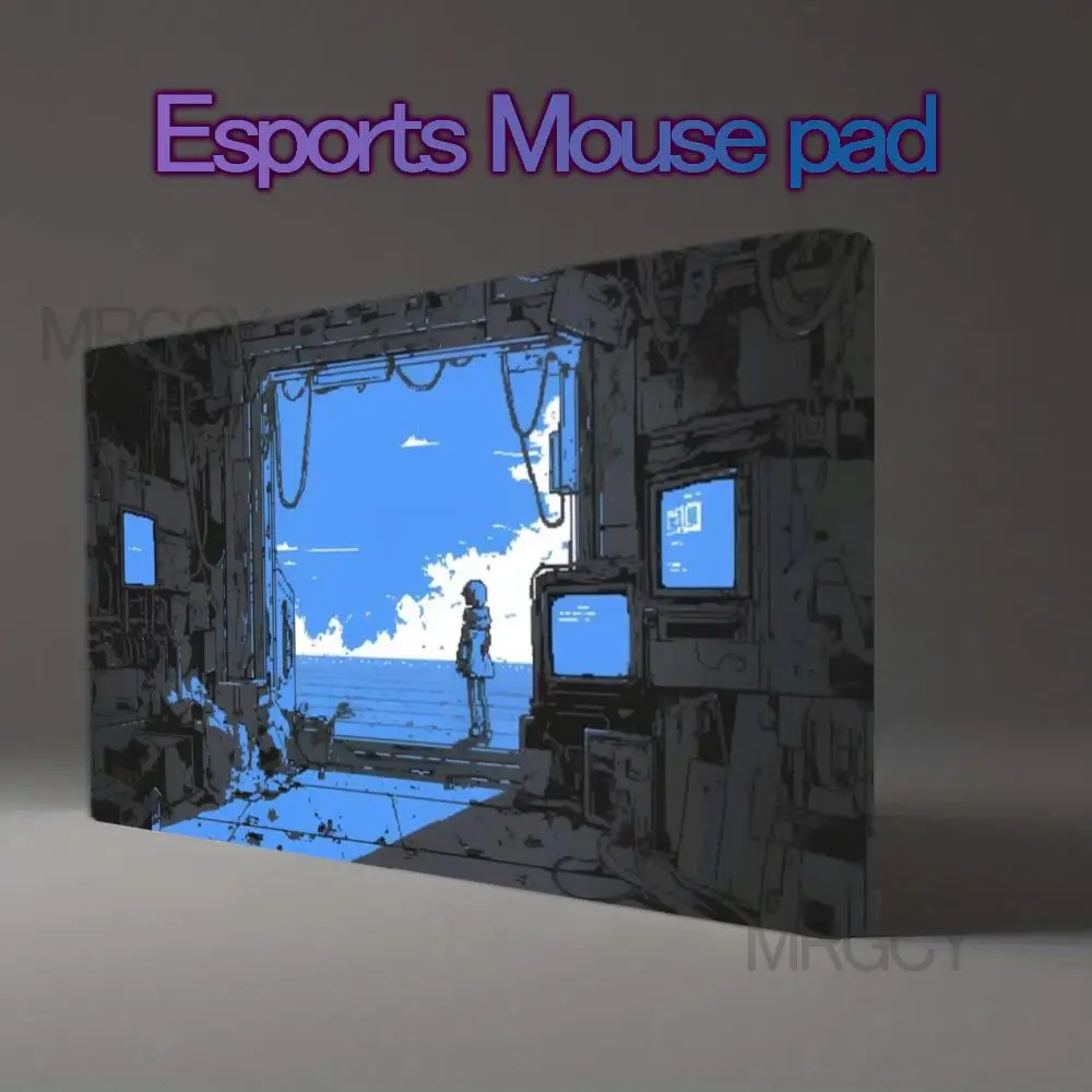 Retro Sci-Fi Line Art Mouse Pad Non-Slip Base Post-Apocalyptic Machine Room Anime Girl Ocean View Cool Blue alfombrillas gaming