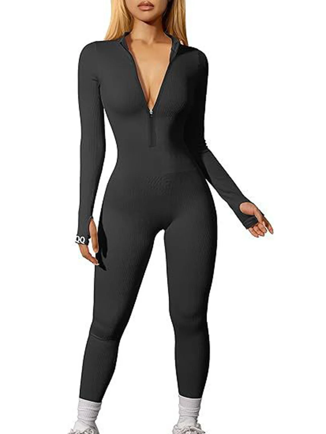 

Осенние комбинезоны 2025 г., женские спортивные комбинезоны на молнии с длинными рукавами и круглым вырезом до щиколотки, облегающие комбинезоны для пилатеса
