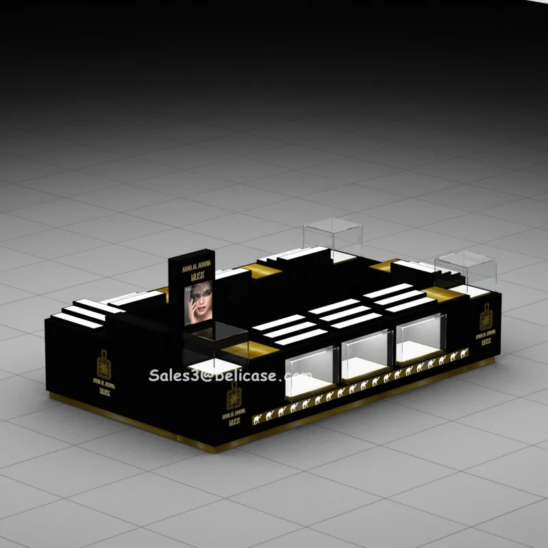 Preto e Ouro LED Perfume Shop Counter, design personalizado Showcase