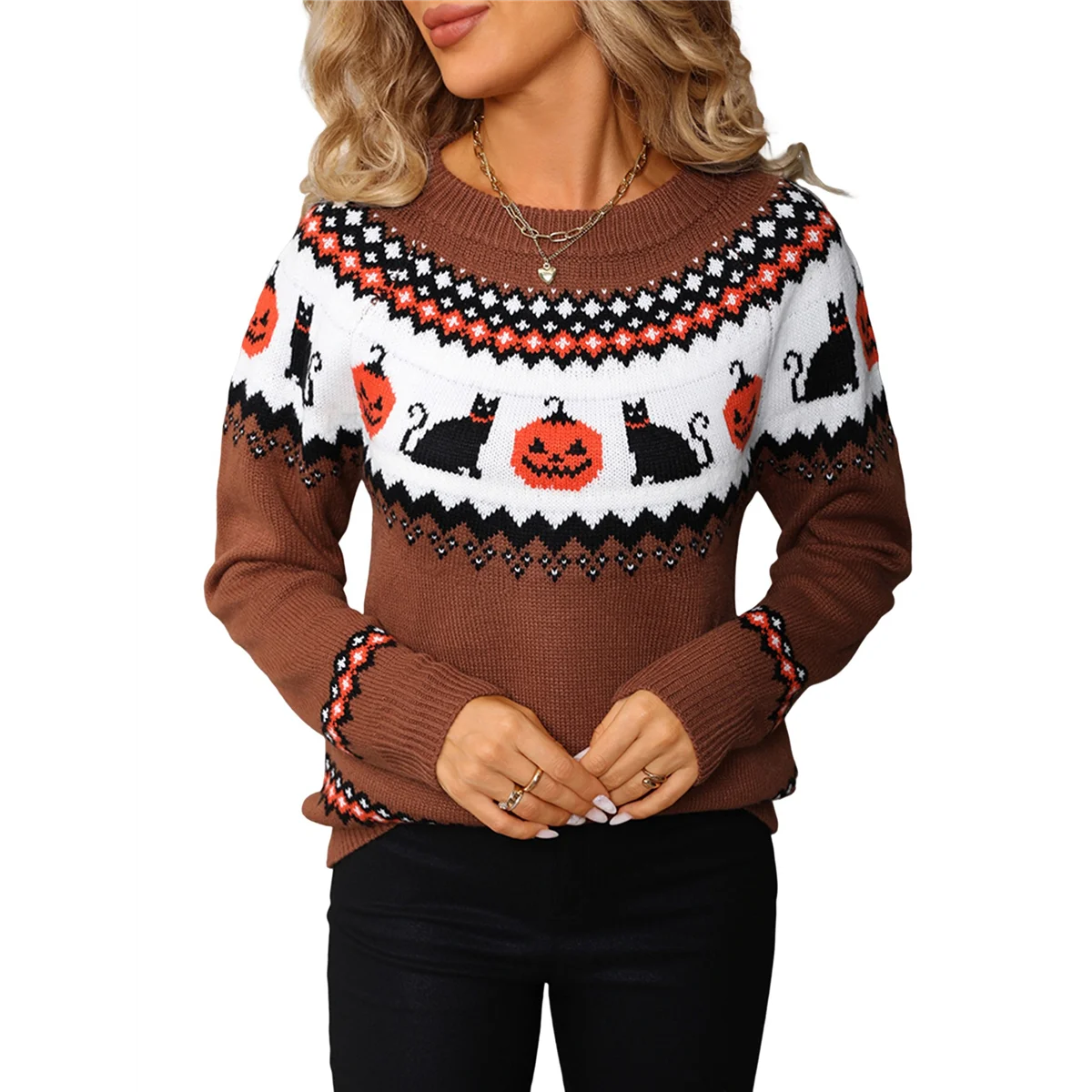 

A11I Fall Halloween Knitted Sweater for Women Winter Holiday Xmas Christmas Pullover Sweatshirt Tops Camel M