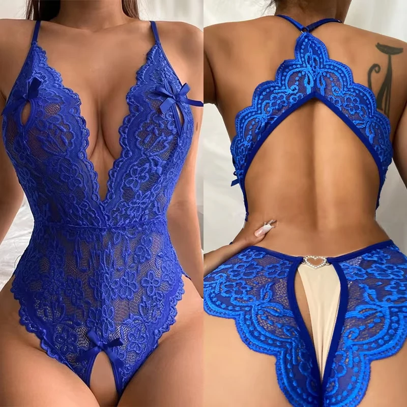 

Lenceria Mujer Sexi цельный открытый бюстгальтер нижнее белье для секса женские синие комплекты нижнего белья с глубоким V-образным вырезом кружевные прозрачные боди