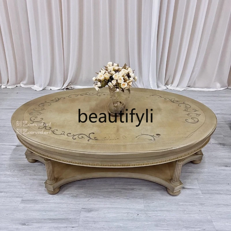 

Fuyi Fei cold green oval coffee table European French solid wood carving coffee table