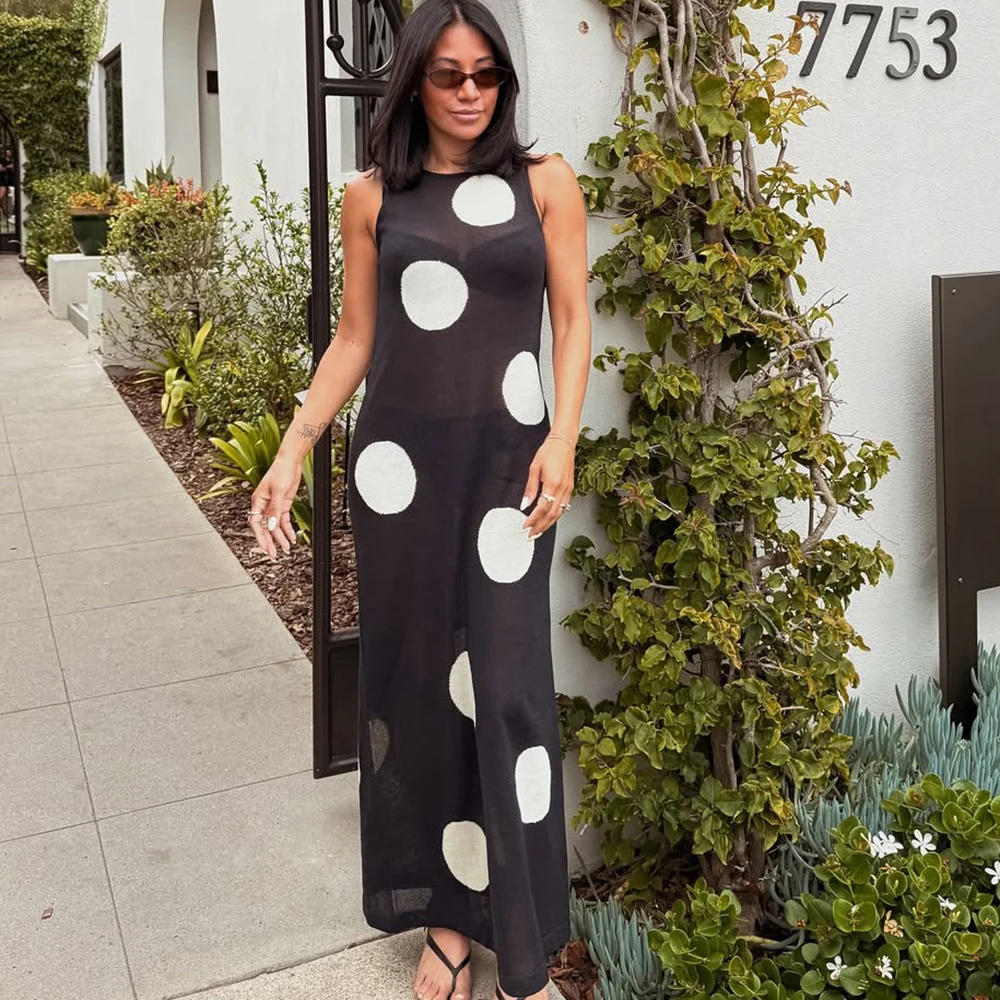 

Talenza 2025 Polka Dot Knitted Maxi Dress Female Sleeveless Bohemian Beach Perspective Long Dress Straight Tank Dress Summer New