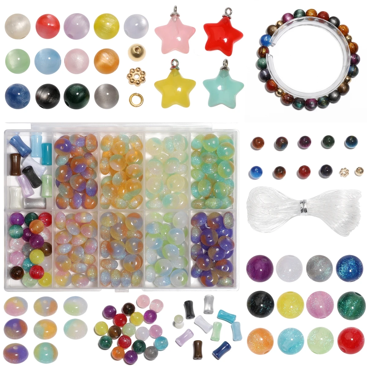 15/10Grid Multiple Types Acrylic Resin Beads Set Cat Eye Star Pendant Beads Elastic Rope for Jewelry Making DIY Pendant Bracelet