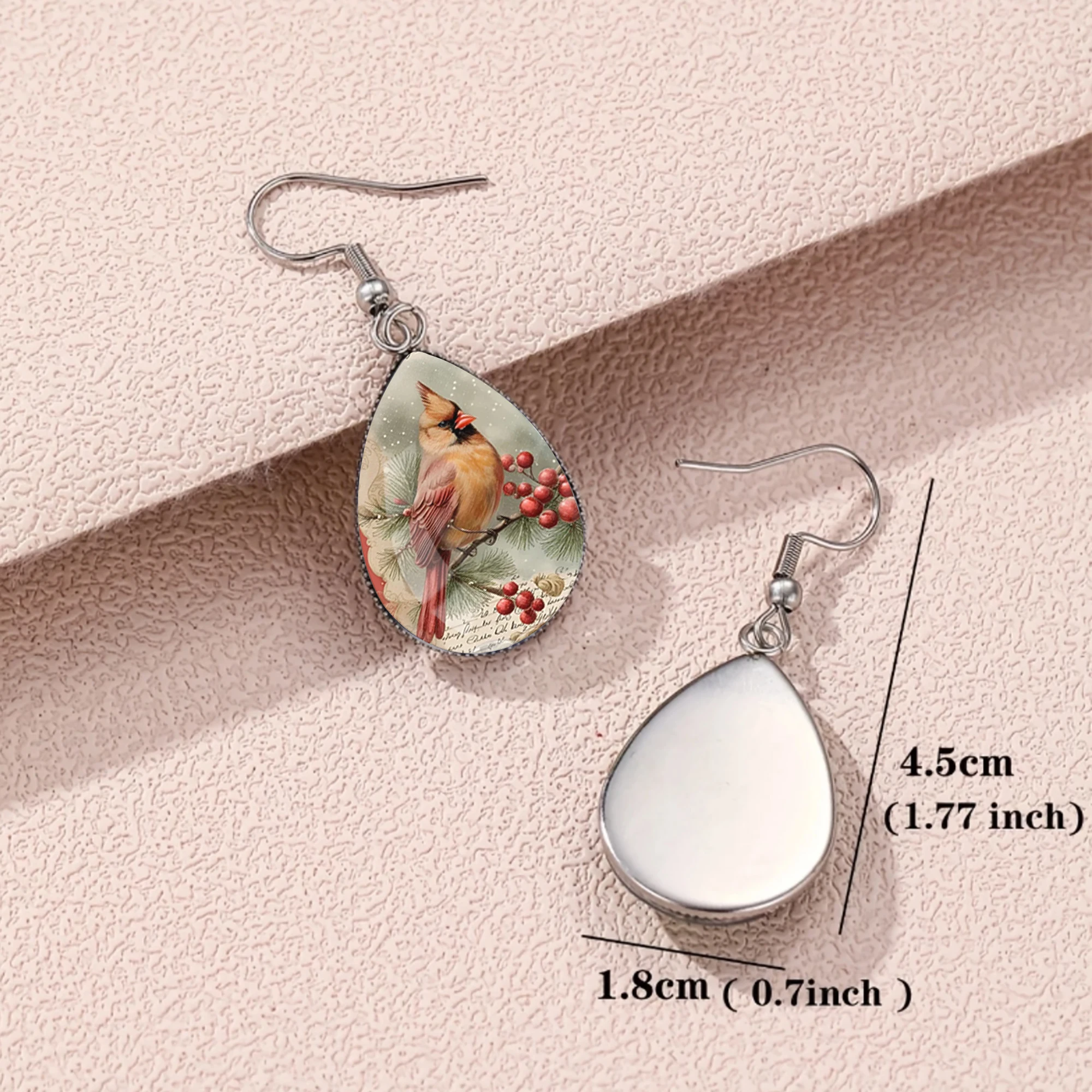 1 Pair of Cardinal Bird Berry Pattern Earrings with Convex Glass and 316 Stainless Steel, Classic and Cute Style, Suitable for Men and Women, Gift-Giving, Jewelry Earrings for Daily Wear
