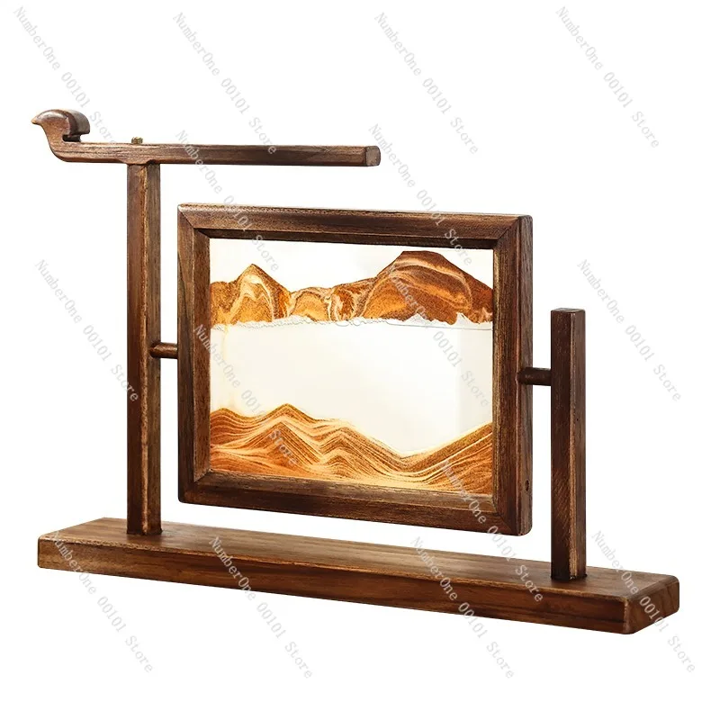 Solid Wood Sand Hourglass Moving Sand Art Decor New Chinese Style Desktop Ornament for Office Living Room Zen Inspired Sculpture