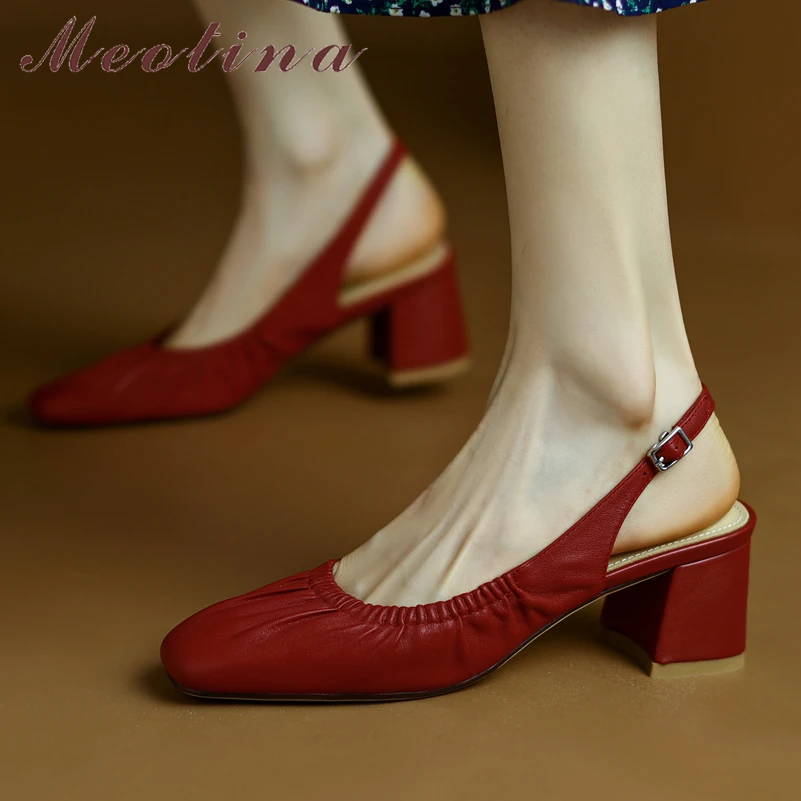 

Meotina Women Genuine Leather High Heels Square Toe Thick Heel Pumps Pleated Buckle Slingbacks Ladies Shoes Spring Beige Claret