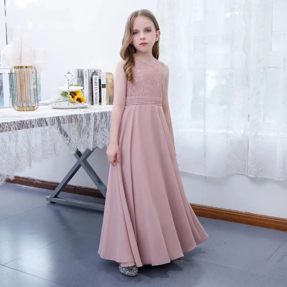 Kydynqj staubige rosa Chiffon Junior Brautjungfer Kleid 2024 ärmellose Spitze eine Linie lange Geburtstags feier Blumen mädchen Kleid