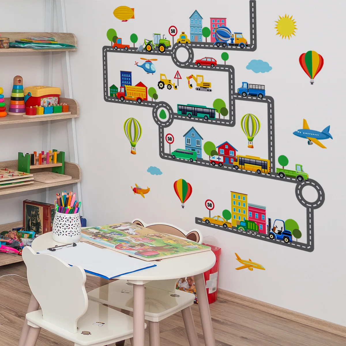 Cartoon Road Car Airplane Hot Air Balloon Wall Stickers Boys Child Baby Bedroom Wall Sticker Kindergarten Wallpaper Home Decals