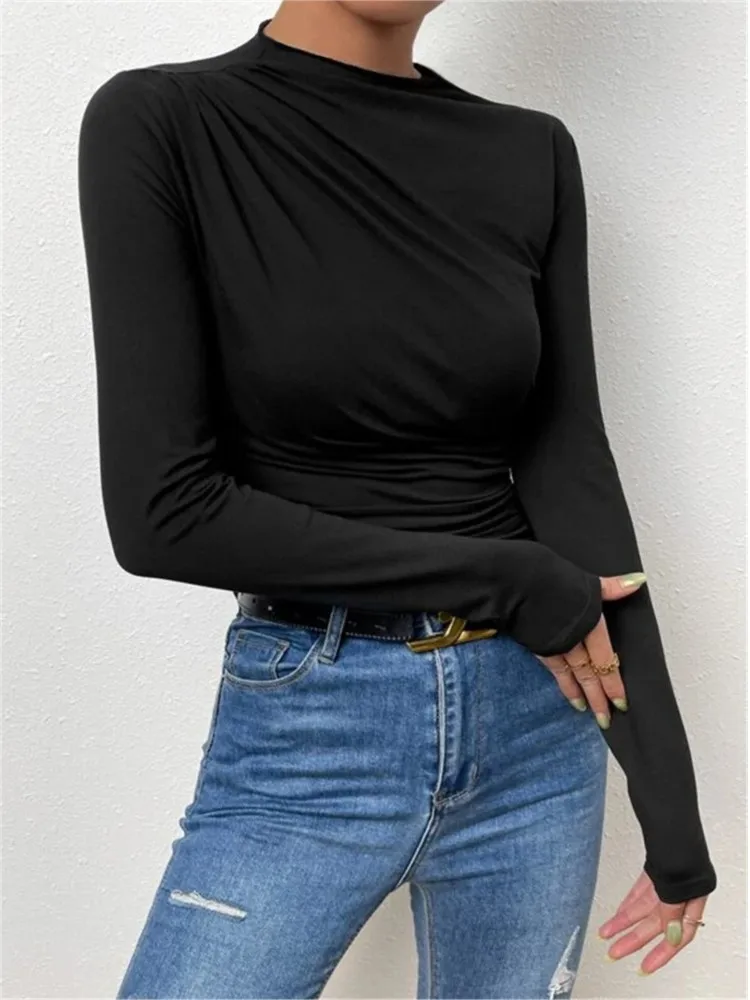 Fashion Solid Color Slim Fit T Shirt Women Trendy All-match Folds Long Sleeve T Shirts Ladies Tops Streetwear 2024 Spring New