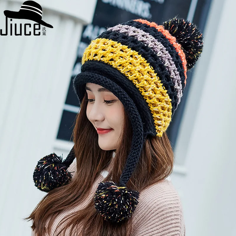 Women Winter Peruvian Cover Ears Beanie Hat Ear Flaps Sherpa Ski Snow Hats Knit Fleece Lined 3 Pom Pom