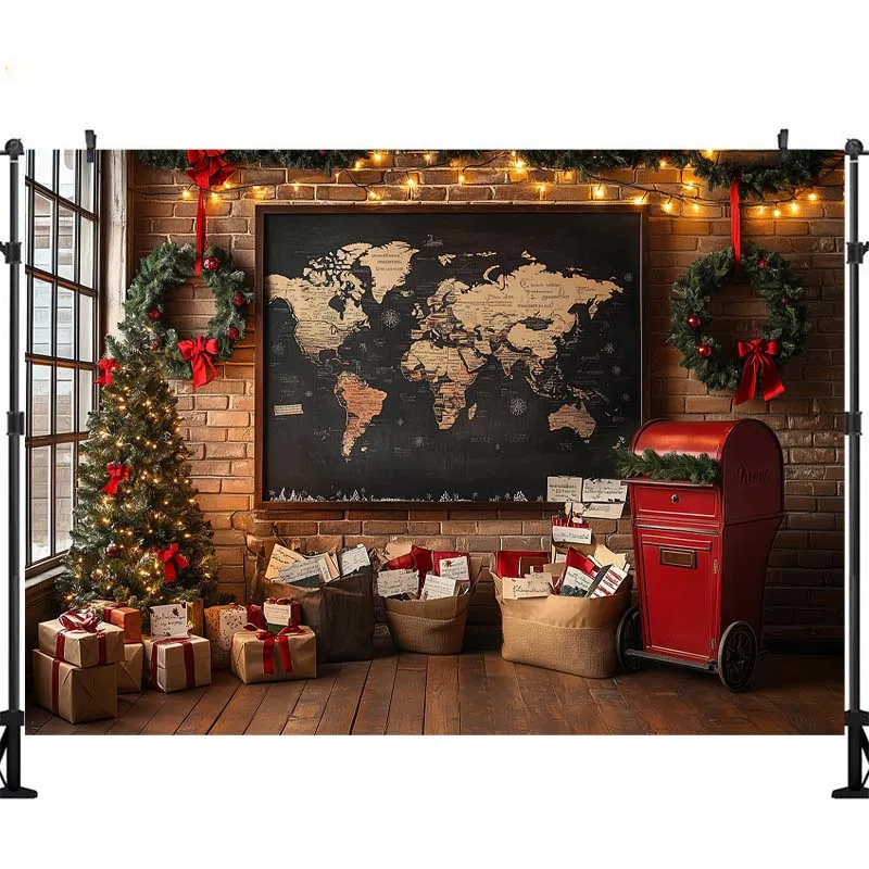 LS Photography Background Christmas Post Office Map Wreath Decoration Family Xmas Holiday Party Portrait Backdrop Studio