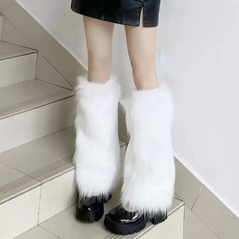 Y2K White Faux Fur Leg Warm Sock Warmers Boot Covers Lady Cute Jk Knee Length Hipster Fashion Furry Leg Warmers Socks