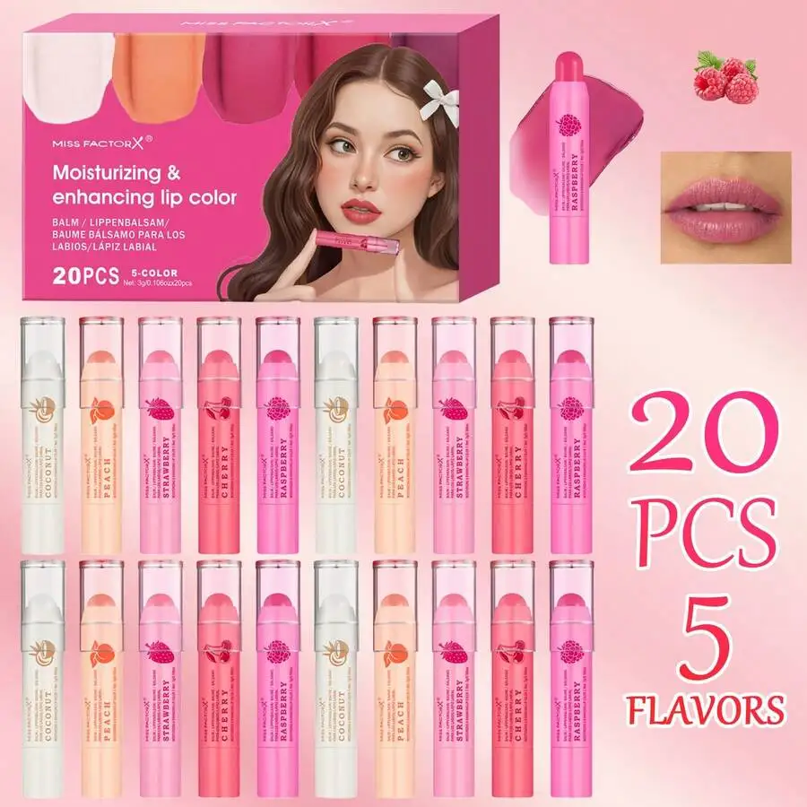

20-Piece Hydrating Lip Balm Set In 5 Fruit Flavors: Coconut, Peach, Strawberry, Cherry, Raspberry – Soft Color & Shiny Finish